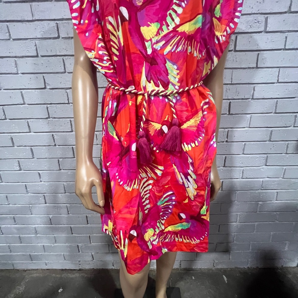 Farm Rio Flying Birds Orange Organic Cotton Jersey Mini Dress XL Padded Shoulder - Picture 6 of 9